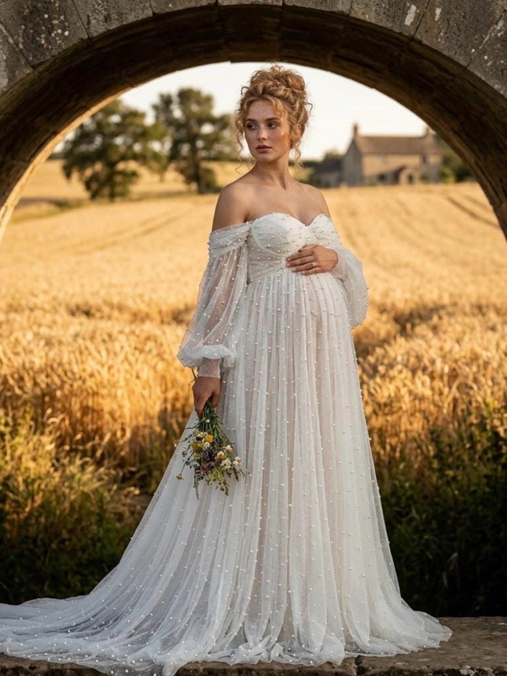 Off-Shoulder Tulle Pearl White Maternity Maxi Dress